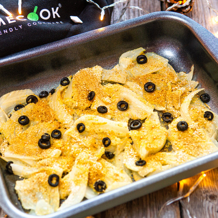 ricetta finocchi gratinatura croccante curcuma olive nere