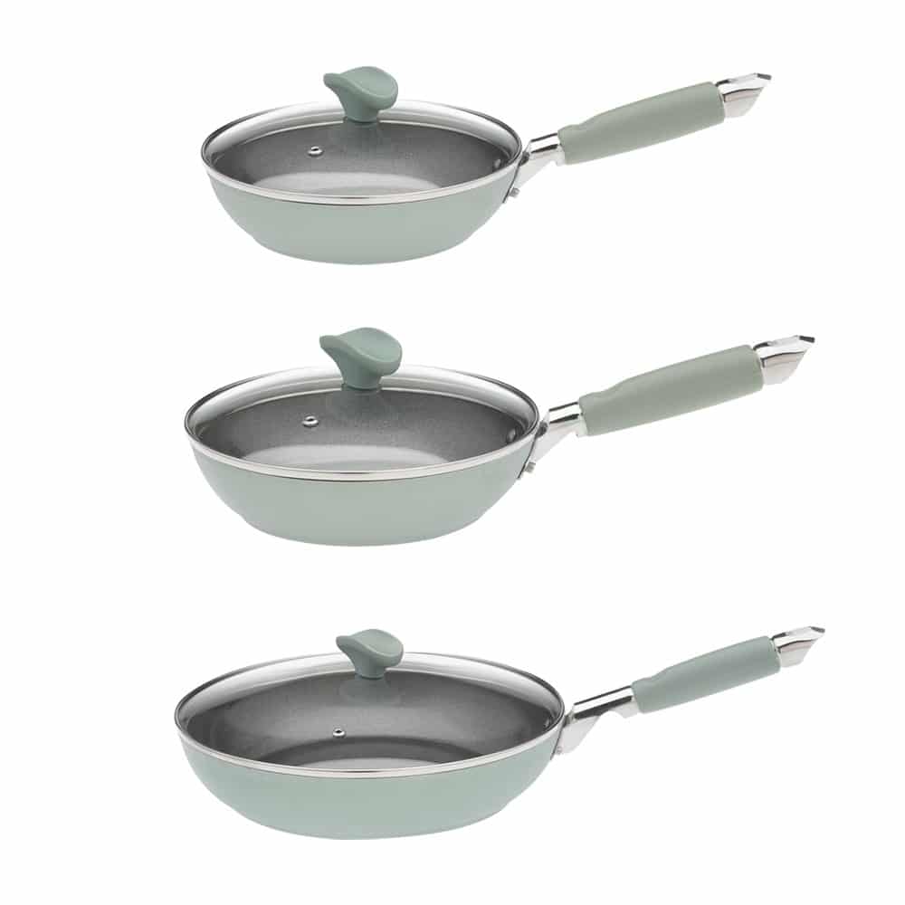 Primecook - Pentole Antiaderenti di Alta Qualità ELENA PERSONALIZZABILE - Set 3 padelle antiaderenti Smeralda con coperchi 20, 24 e 28 cm