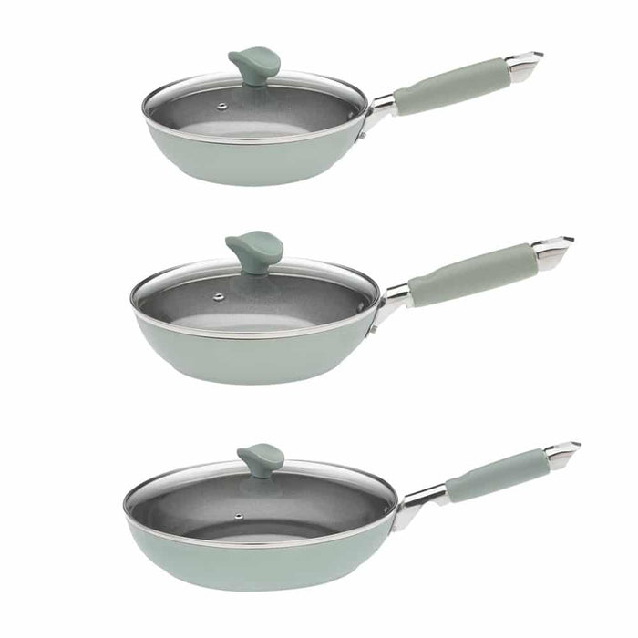 ELENA - Set of 3 Non-stick Smeralda Fry Pans with lids, 20, 24 and 28 cm  (8,9.5 and 11 Inch)