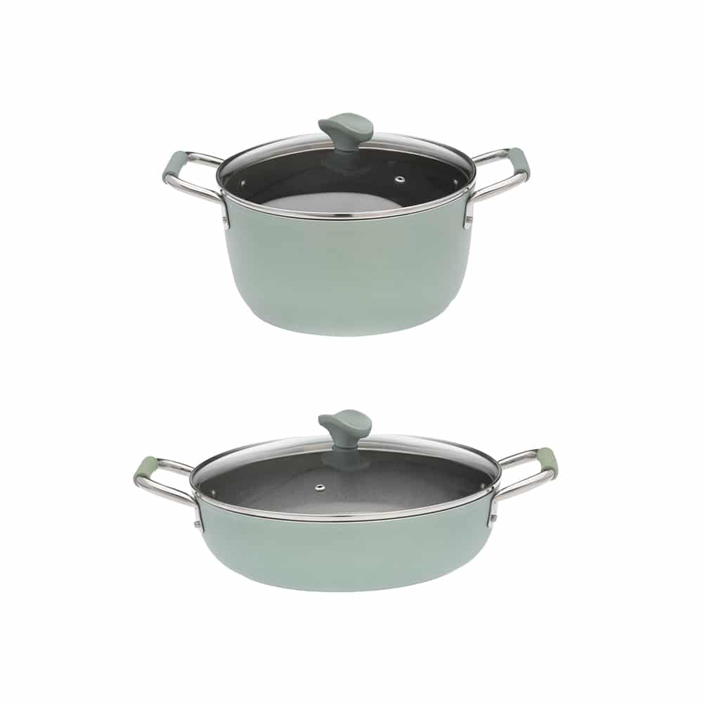Primecook - Pentole Antiaderenti di Alta Qualità FRANCESCA PERSONALIZZABILE - Set 1 casseruola 24 cm e 1 tegame 28 cm antiaderenti Smeralda con coperchi